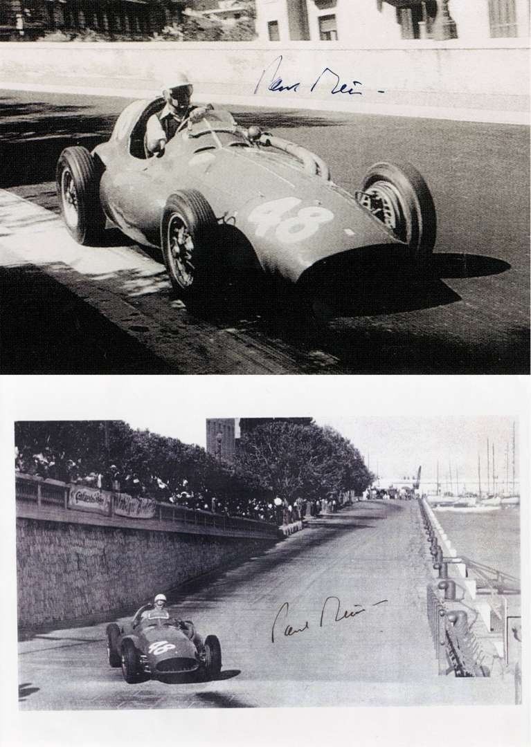 FRERE: Images of Paul Frere racing the Ferrari 555 at the 1955 Monaco Grand Prix. Frere signatures: FRERE: Two black and white images of Paul Frere racing the Ferrari 555 at the 1955 Monaco Grand Prix, images with signature of Frere in black ink; on paper and photographic paper, largest image measur