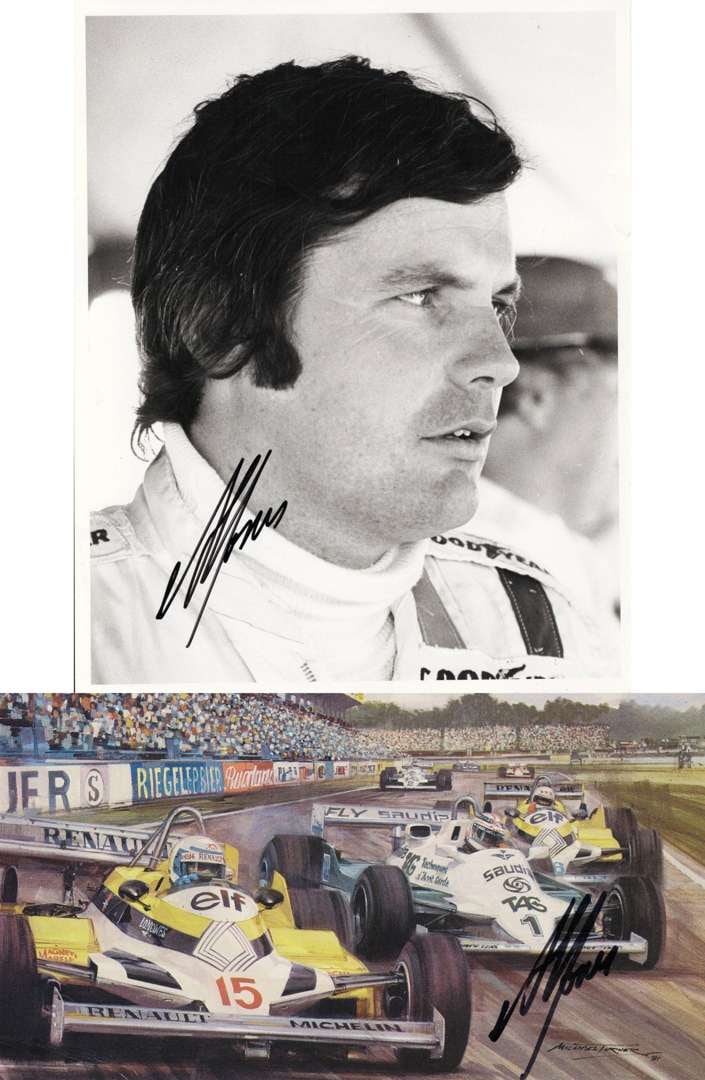 JONES: Items associated with A.J. Portrait photograph & FW07C-Ford Cosworth Card. A.J signatures: JONES: Two items associated with Alan Jones including a note card with original artwork by Michael Turner featuring Alan Jones, with black and white portrait photograph of Alan Jones, card and image s