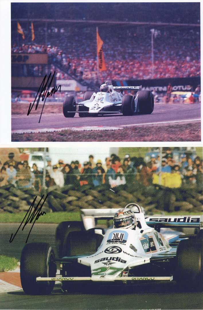 JONES: Two colour images of Alan Jones racing the Williams FW07 & FW07B. Jones signatures: JONES: Two colour images of Alan Jones racing the Williams FW07 and FW07B, mages signed by Jones in black marker; on photographic and thick stock paper, image measures approximately 29.5cm wide, 21cm