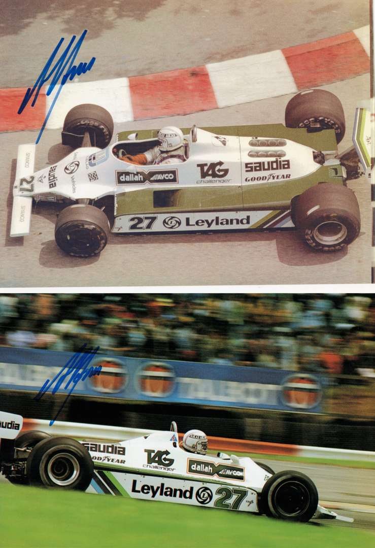 JONES: Two colour images of Alan Jones racing the Williams FW07B. Jones signatures: JONES: Two colour images of Alan Jones racing the Williams FW07B, one from the 1980 British Grand Prix, images signed by Jones; on photographic and thick stock paper, image measures approximately 30cm
