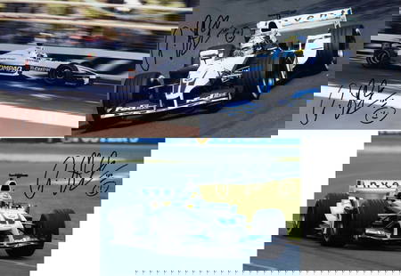 SCHUMACHER: Images of Ralf Schumacher racing a Williams FW21 and FW25. Schumacher signatures: SCHUMACHER: Three impressive colour images of Ralf Schumacher racing a Williams FW21 and FW25, images from Australian Grand Prix, Melbourne, all signed by Ralf Schumacher; on photographic paper, image