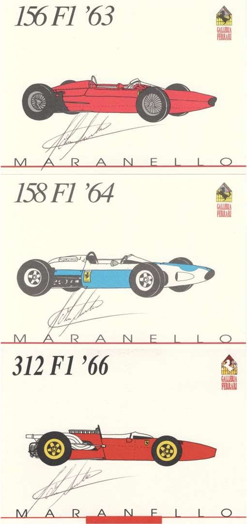 SURTEES: GALLERIA FERRARI postcards featuring Ferrari F1 cars of J.Surtees. Surtees signatures (1 of 6)