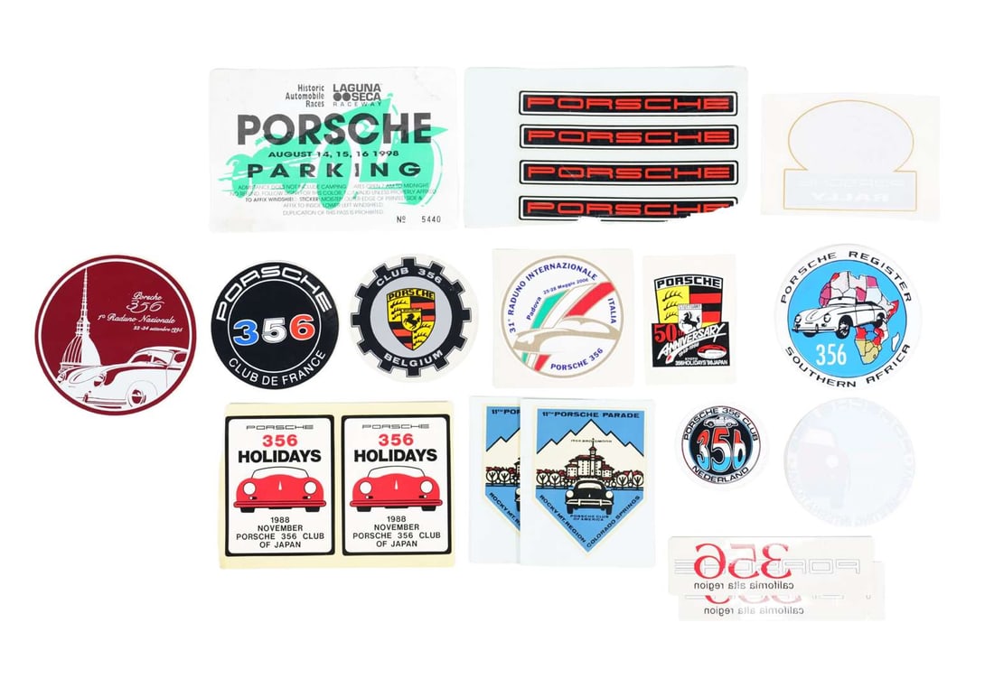 PORSCHE: International Porsche adhesives. Belgium, France, Southern Africa adhesives: PORSCHE: A quantity of Porsche related adhesives with an international theme including Porsche Parade, Porsche Belgium, France, Southern Africa adhesives; and others; largest adhesive with diameter of
