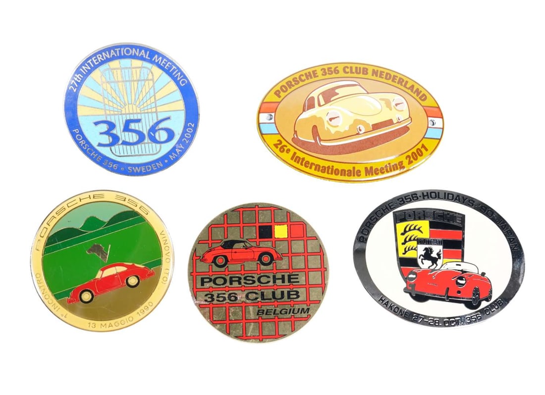 356: Five international Porsche 356 Club badges. Belgium, Dutch & Swedish badges: 356: Five international Porsche 356 Club badges, group includes Belgium, Dutch, Swedish badges, predominantly on metal with enamel motifs to front, all with mounting points; largest badge with diamete