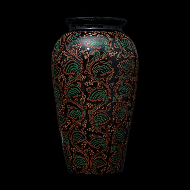 A Burmese hand painted foliate and floral design lacquer vase (1 of 2)