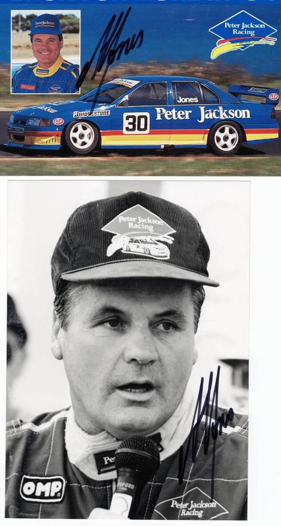 JONES: Two items associated with Alan Jones. PJR & Portrait Images. Jones signatures: JONES: Two items associated with Alan Jones including an image of the PJR EB Ford Falcon and small head portrait of Jones, image signed by Jones, with black and white image portrait image of Jones wit