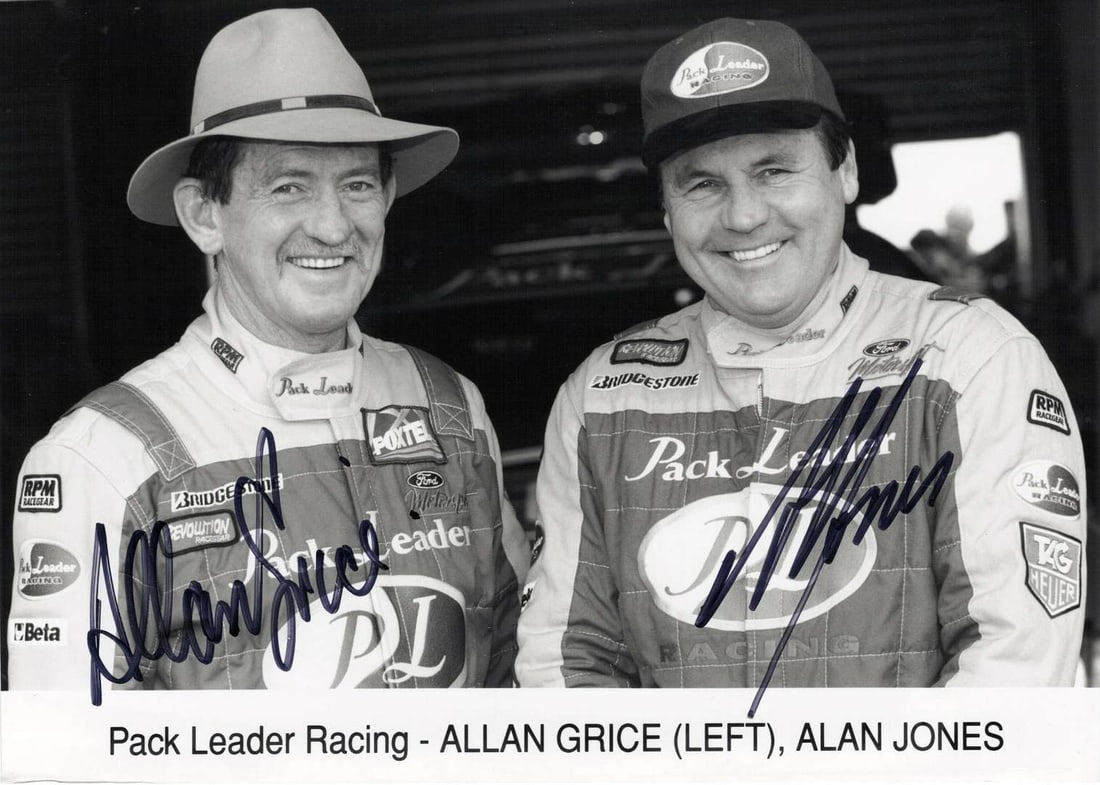 GRICE/JONES: Image featuring Pack Leader Racing team mates Allan Grice and Alan Jones. Signed: GRICE/JONES: A black and white portrait image featuring Pack Leader Racing team mates Allan Grice and Alan Jones, image signed by bot drivers; on thick stock paper, image measures approximately 18cm w