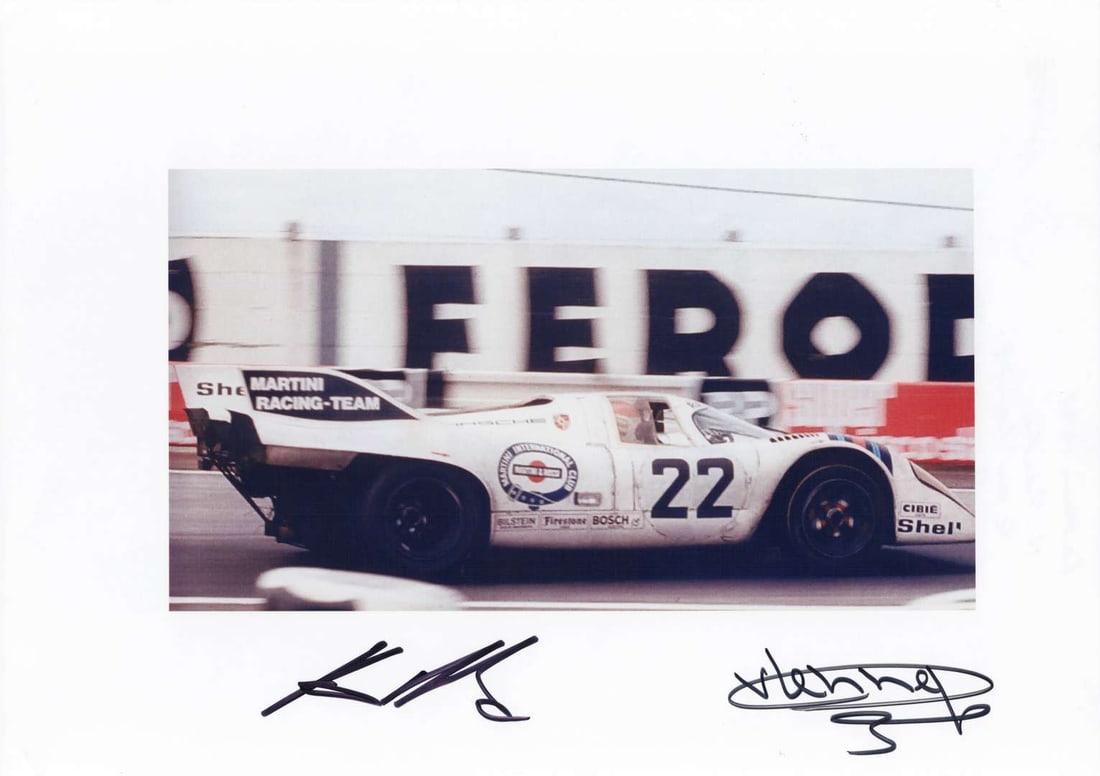 PORSCHE: Pictures of the Porsche 917K long tail from 1971 LM. Marko & van Lennep signatures: PORSCHE: Two colour picture of the Porsche 917K long tail as driven by Helmut Marko/Gijs van Lennep at 1971 Le Mans 24 Hours, one a reproduced image of a Graham Turner picture, pictures signed by Helm