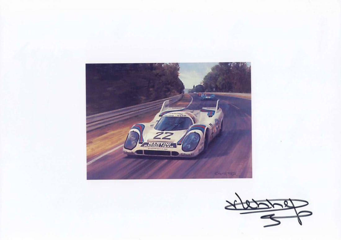 PORSCHE: Illustration featuring H.Marko and G.Lennep at LM '71. van Lennep signature: PORSCHE: A reproduced colour illustration featuring Helmut Marko and Gils van Lennep racing to victory at Le Mans, 1971, in a Porsche 917K, pictures hand signed by Gijs van Lennep; picture on photogra