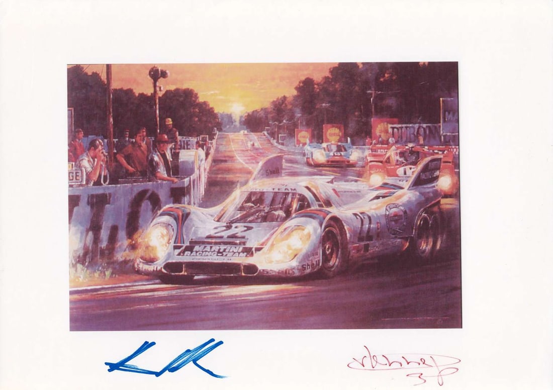 PORSCHE: "As Darkest Beckons - Le Mans 1971" - Gijs van Lennep & Dr Helmut Marko. Signed: PORSCHE: A reproduced print image of artwork by Nicholas Watts titled "As Darkest Beckons - Le Mans 1971", featuring the Martini Racing Porsche 917 of Gijs van Lennep and Dr Helmut Marko,image signed