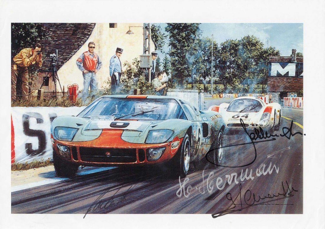 L.M '69: Image of the Ickx/Oliver GT40 beating the Herr/Larrousse Porsche at L.M. Driver signatures: LE MANS 1969: A reproduced colour image of original artwork by Michael Turner featuring the most exciting finish ever at Le Mans, with the Ickx/Oliver Ford GT40 just beating the Herrmann/Larrousse Por