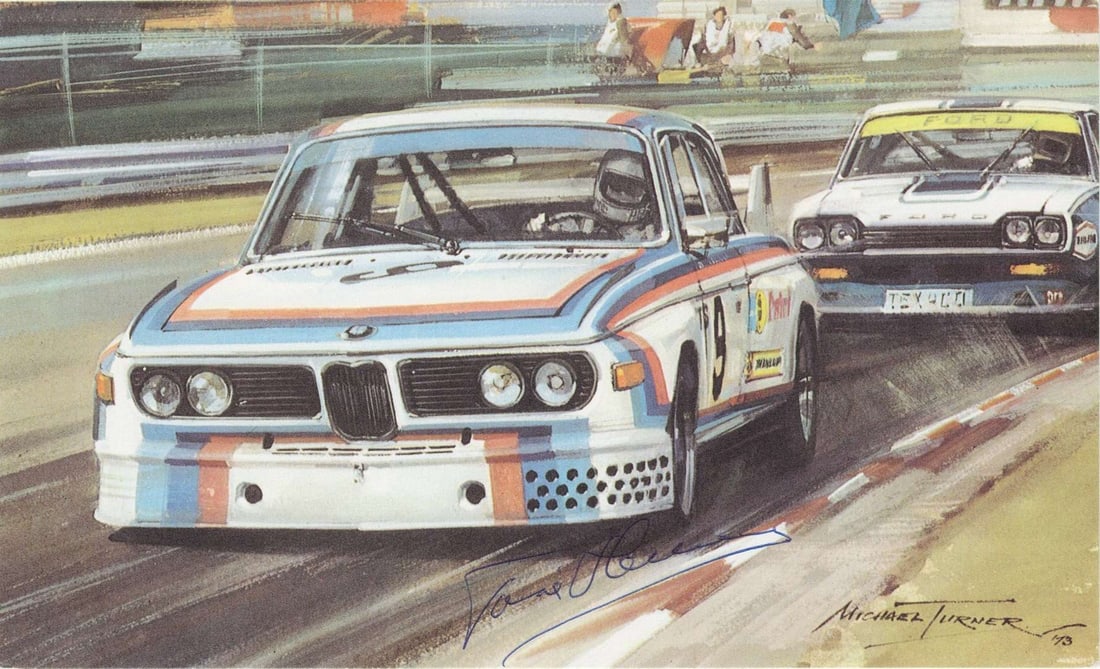 HEZEMANS: Note card depicting the 1973 ETCC winner Toine Hezemans. Toine Hezemans signature: HEZEMANS: A Michael Turner note card depicting the 1973 European Touring Car Championship winner Toine Hezemans at the wheel of the BMW 3.0 CSL at Zandvoort, card signed by Toine Hezemans in blue ink