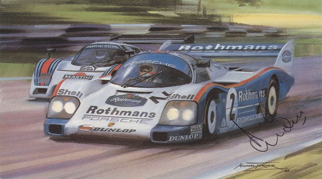 BELL: '1985 BRANDS HATCH 1000kms' - featuring the Bell Porsche 962C at Brands Hatch, 1985. Signed: BELL: An original Michael Turner card -'1985 BRANDS HATCH 1000kms' - featuring the Derek Bell racing to victory in a Porsche 962C at Brands Hatch, 1985, image signed by Bell in black ink; card measure