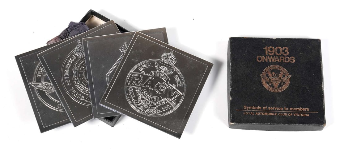 R.A.C.V: A set of four RACV drink coasters in original RACV ‘1903 ONWARDS’ presentation : R.A.C.V: A set of four RACV drink coasters in original RACV ‘1903 ONWARDS’ presentation box.