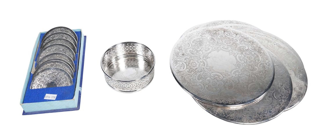 A set of eight Strachan silverplate place mats and coasters and a wine coaster: A set of eight Strachan silverplate place mats and coasters and a wine coaster