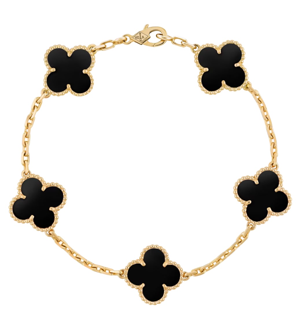 ** ON SALE ** Vintage Alhambra Style Bracelet Black Onyx & 18ct Yellow Gold: ** ON SALE **.Vintage Alhambra Style Bracelet Black Onyx & 18ct Yellow Gold Metal: 18ct Yellow Gold Black Oynx: 5 Stones Bracelet Wrist Size: 7.48 Vat Status: Plus Vat Con