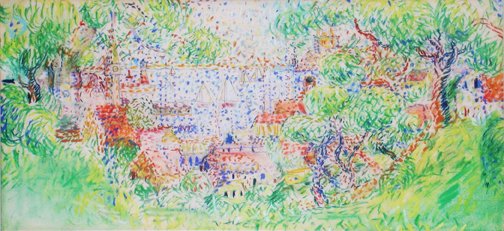 WOLF KAHN RARE PASTEL 1952: Title: Design for Pointelist Mural (never executed) Medium/Date: Pastel on paper, 1952 Size: 7 x 15 inches 17.7 x 38.1 cm Signed: Signed Provenance: Provenance: From th Artist; Grace Borgenicht G