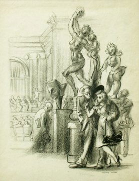REGINALD MARSH AMERICAN REALIST PAINTER 1898-1954: Title: Concert Hall Medium/Date: Crayon and Ink, c.1950 Size: 19.5 x 15 inches 49.53 x 38.1 cm Signed: Signed Frame: Framed