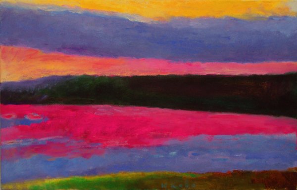 073: WOLF KAHN GERMAN/AMERICAN, 1927): Artist: WOLF KAHN GERMAN/AMERICAN, 1927) Title: Gray Cloud, Magenta Water Medium/Date: Oil on canvas, 1991 Size: 17.62 x 27.62 inches 44.5 70.1 cm Signed: Signed lower center; titled, dated and #145