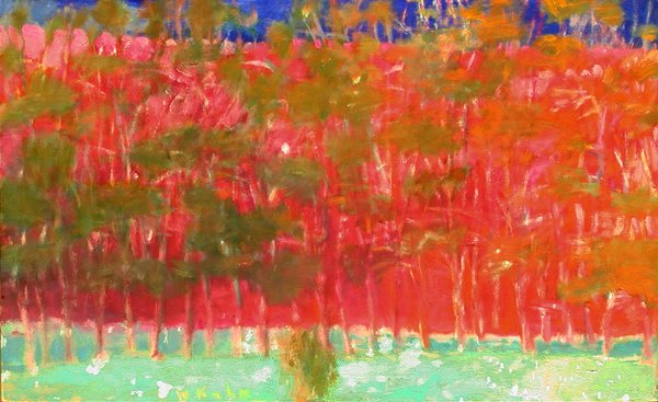 078: WOLF KAHN GERMAN/AMERICAN, 1927): Artist: WOLF KAHN GERMAN/AMERICAN, 1927) Title: Summer Red Trees Against Deep Blue Sky #35-1994 Medium/Date: Oil on canvas, 1994 Size: 22 x 36 inches 81.2 x 91.4 cm Signed: Signed center bottom