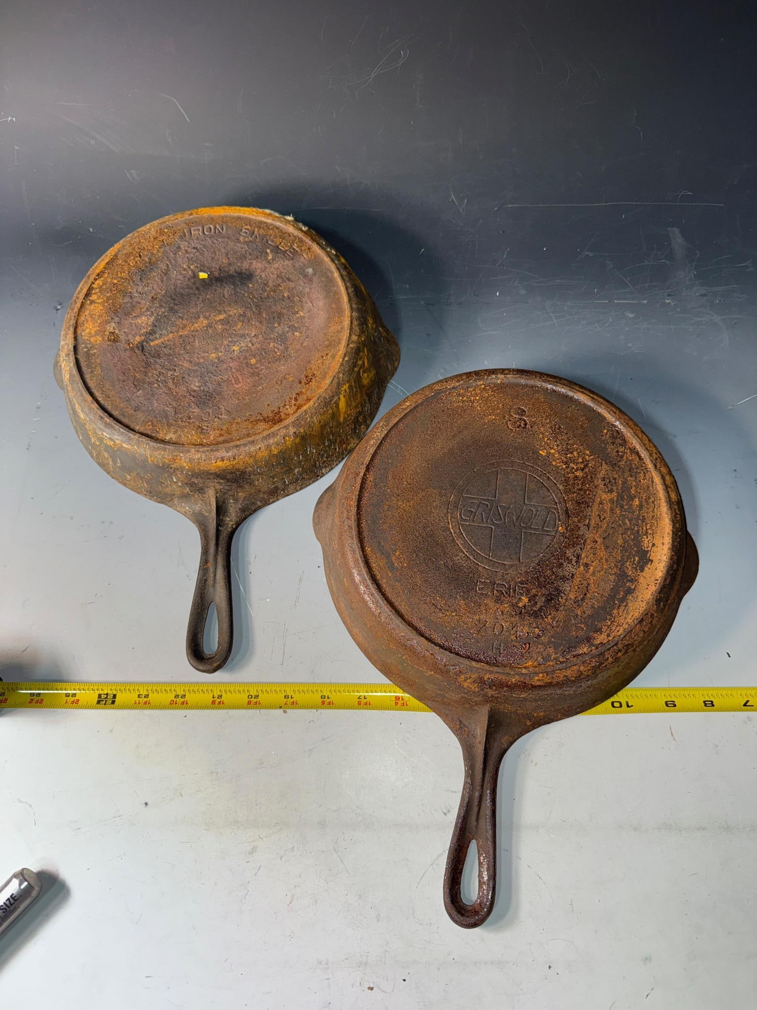 Pair of Griswold no. 8 Slant Logo Cast Iron Skillets, both need restoration, one is warped: Load-out Pick up for all online purchases for Antiques & collectibles is Monday, Tuesday, Wednesday, February 17th, 18th, 19th At our warehouse location. We do offer shipping on all items shippabl