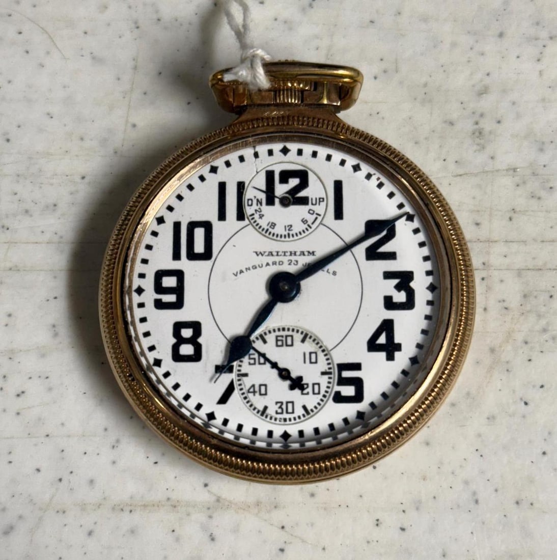 Waltham Vanguard 23 Jewel Pocket Watch, Runs, SN 27322360: Please note, when we say a watch runs, we wound the watch and watched it work for a few minutes. We did not time them overnight to see if they were in time