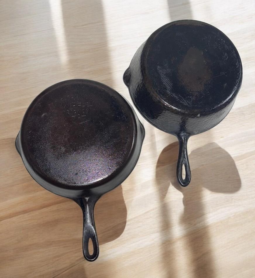 WAGNER NO. 8 AND CHICAGO HARDWARE FDY NO. 89 HAMMERED CHICKEN FRYER, BOTH HAVE SOME WOBBLE (1 of 6)