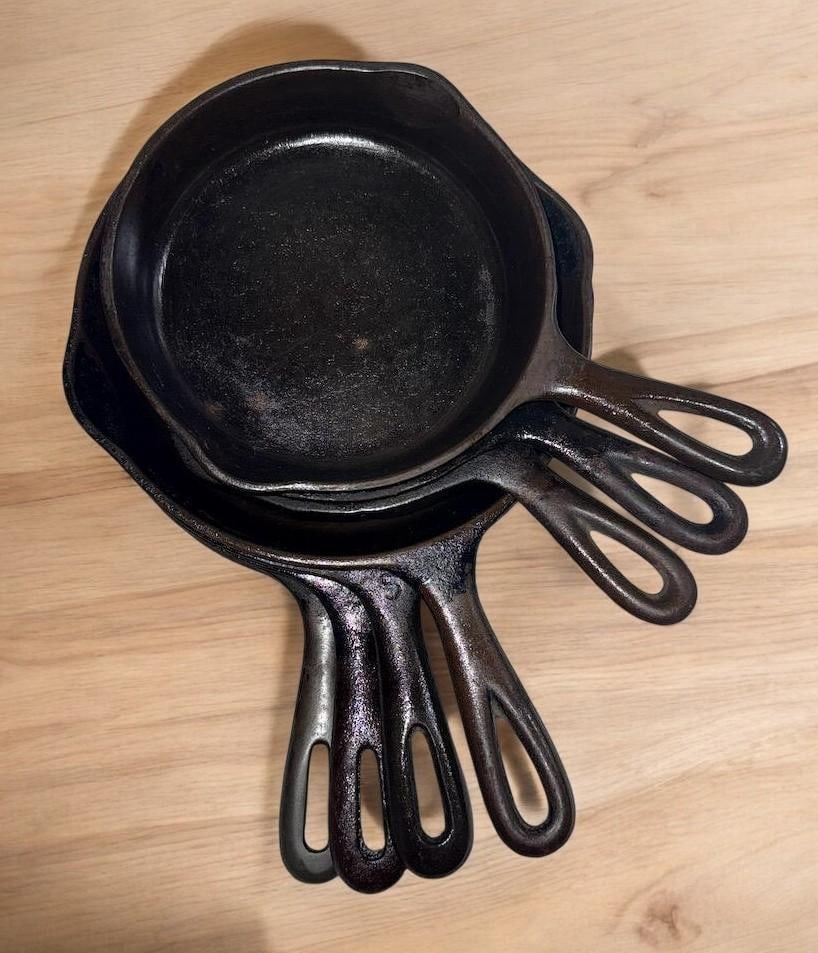 7-USA MADE CAST IRON SKILLETS, VARIOUS MAKERS, 3- #3 AND 4- # 5, WAGNER, SK & OTHERS, ALL SIT FLAT (1 of 7)