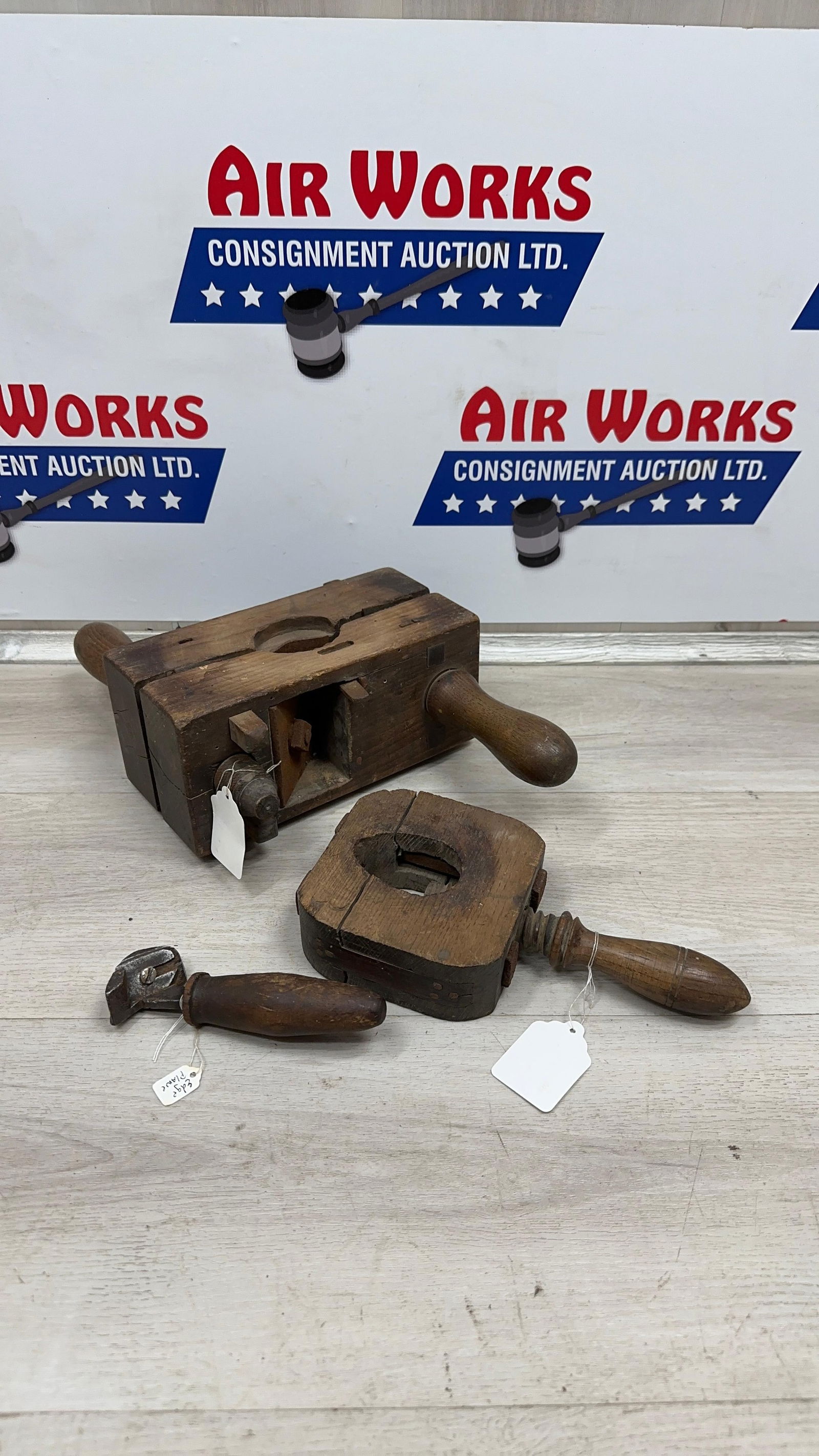 EARLY DOWEL CUTTER AND WOOD CLAMP AND EDGE PLANE: Load-out Pick up for all online purchases for Antiques & collectibles is Monday, Tuesday, Wednesday, February 23rd, 24th, 25th At our shipper's location. We do offer shipping on all items