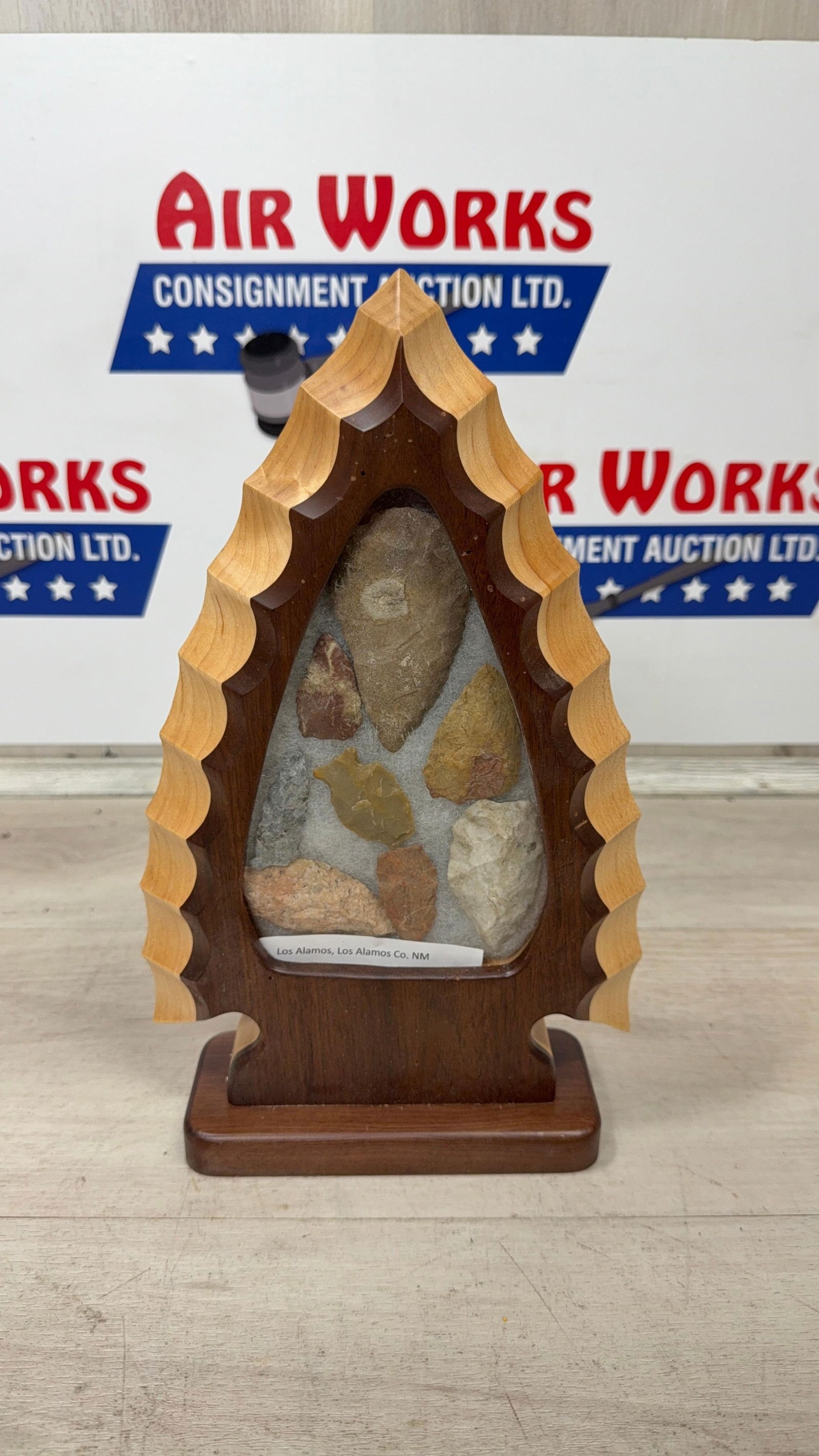 WOOD FRAMED ARTIFACT DISPLAY. LOS ALAMOS POINTS: Load-out Pick up for all online purchases for Antiques & collectibles is Monday, Tuesday, Wednesday, February 23rd, 24th, 25th At our shipper's location. We do offer shipping on all items