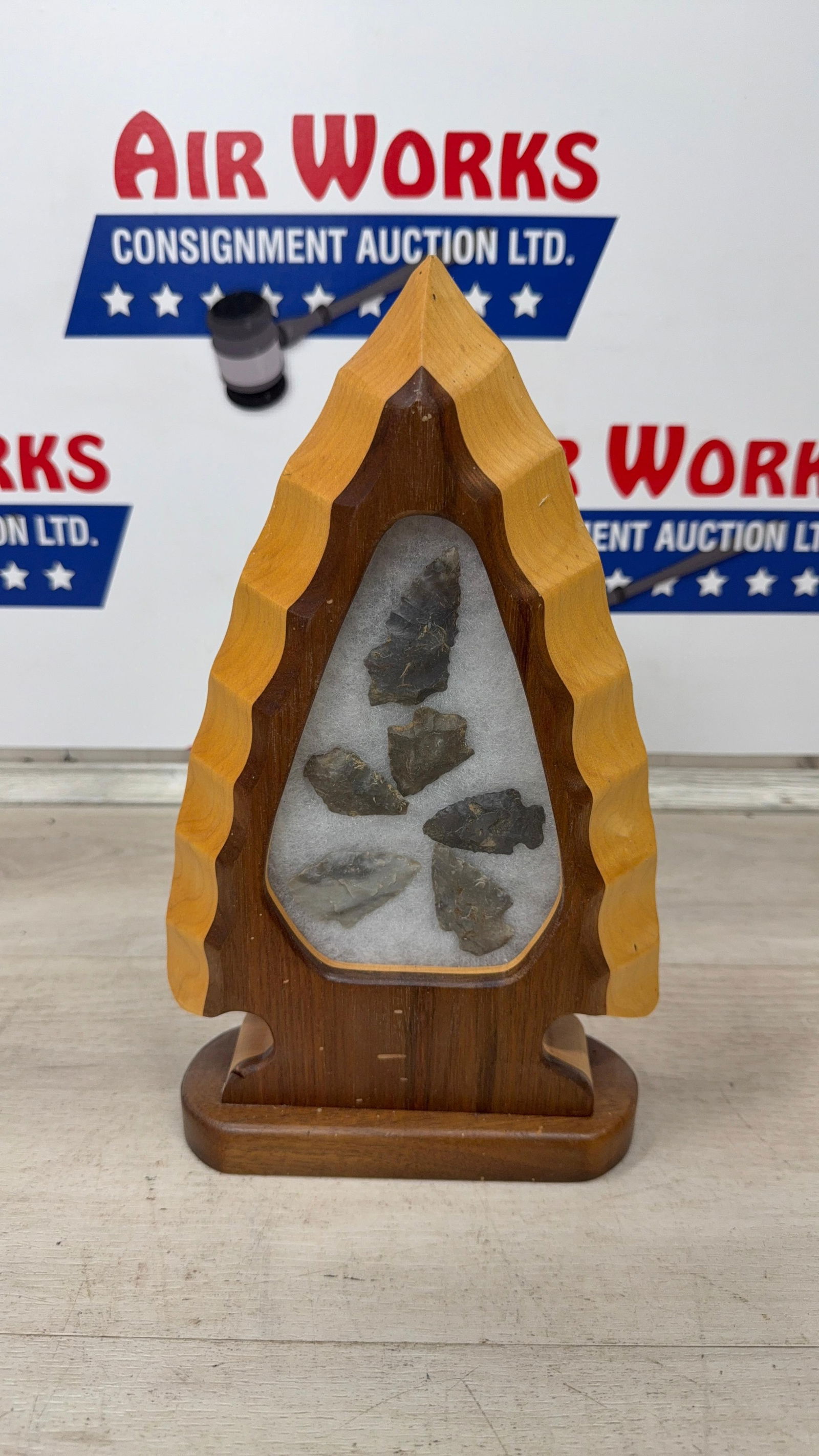 WOOD FRAMED ARTIFACT DISPLAY. DARK FLINT POINTS: Load-out Pick up for all online purchases for Antiques & collectibles is Monday, Tuesday, Wednesday, February 23rd, 24th, 25th At our shipper's location. We do offer shipping on all items