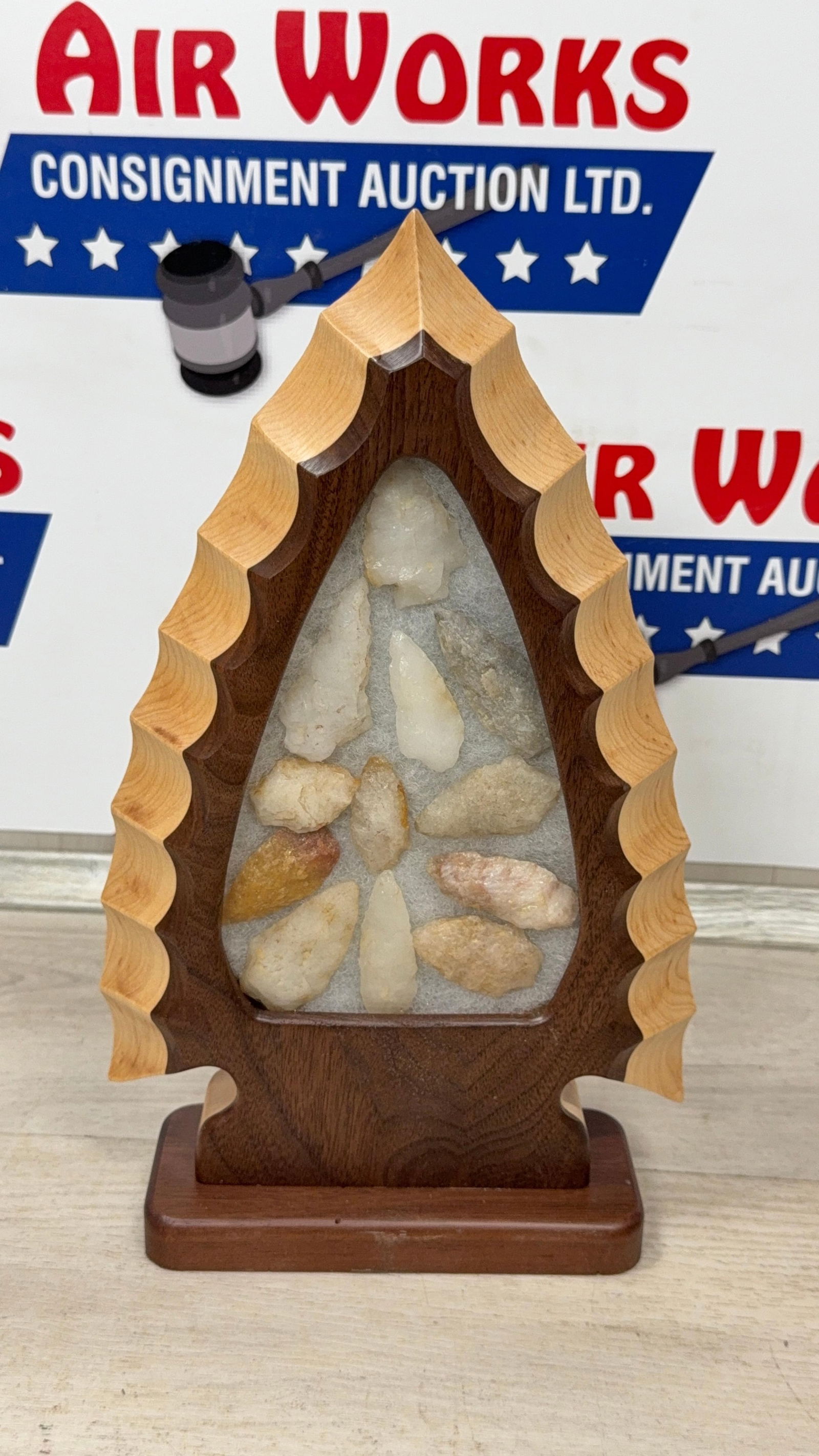 WOOD FRAMED ARTIFACT DISPLAY. QUARTZ POINTS (1 of 5)
