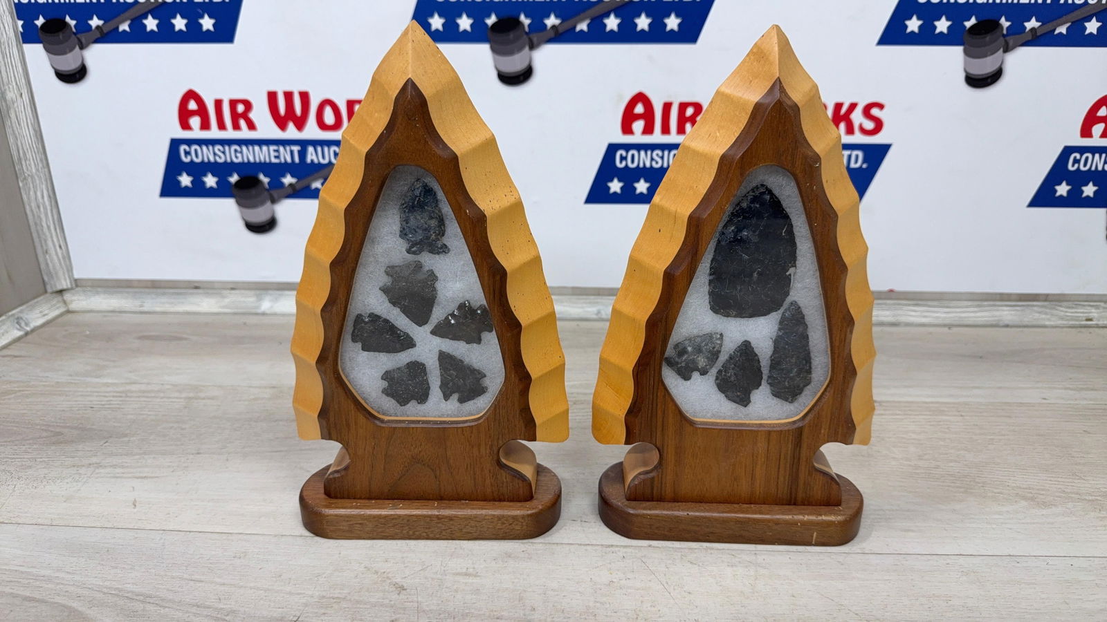 PAIR OF FRAMED OBSIDIAN ARTIFACTS: Load-out Pick up for all online purchases for Antiques & collectibles is Monday, Tuesday, Wednesday, February 23rd, 24th, 25th At our shipper's location. We do offer shipping on all items