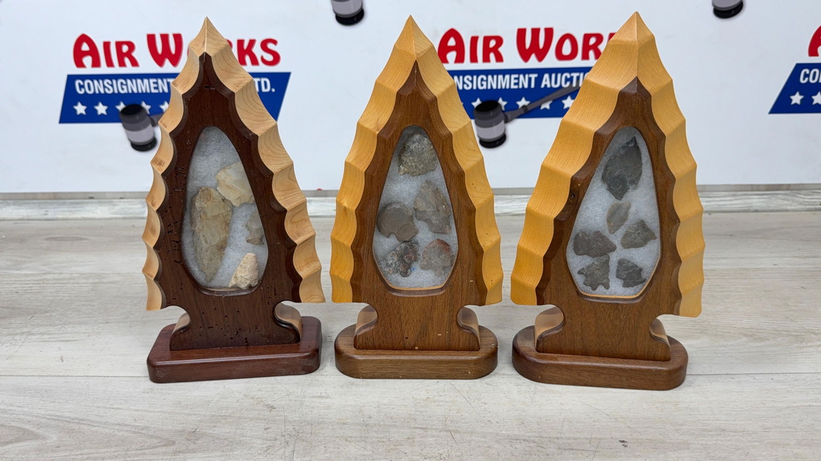 3-WOOD FRAMED ARTIFACT DISPLAYS. NICE POINTS: Load-out Pick up for all online purchases for Antiques & collectibles is Monday, Tuesday, Wednesday, February 23rd, 24th, 25th At our shipper's location. We do offer shipping on all items