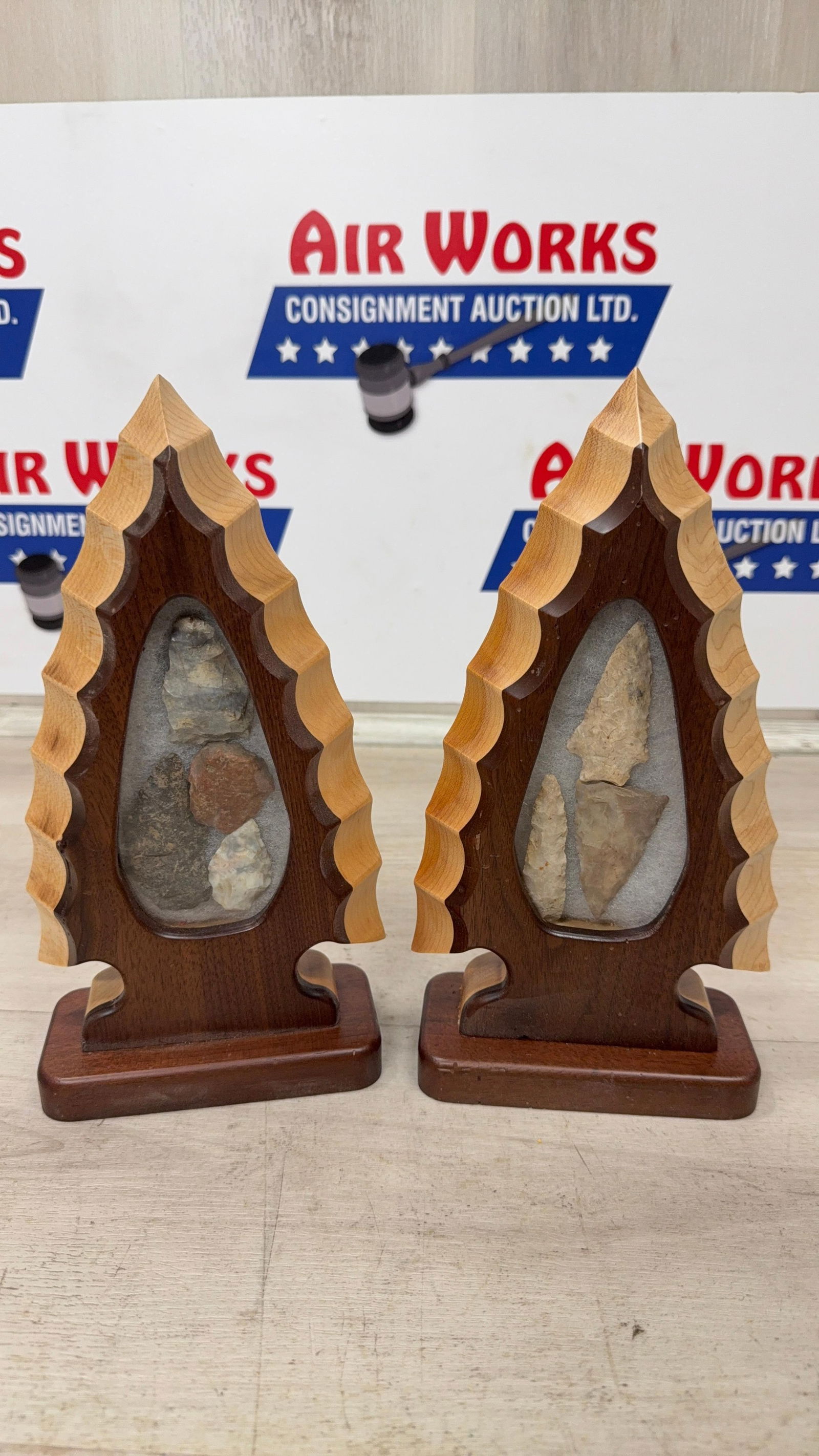 PAIR OF WOOD FRAMED ARTIFACT DISPLAYS W/ASSORTED POINTS: Load-out Pick up for all online purchases for Antiques & collectibles is Monday, Tuesday, Wednesday, February 23rd, 24th, 25th At our shipper's location. We do offer shipping on all items