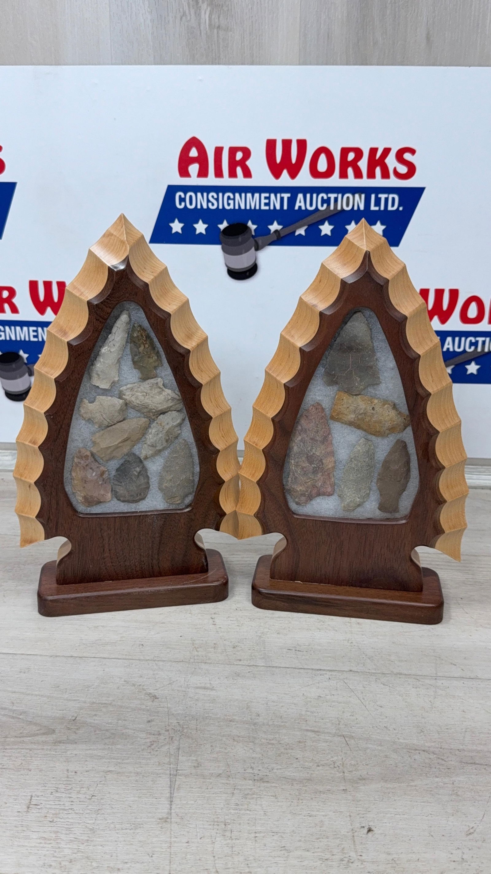 PAIR OF WOOD FRAMED ARTIFACT DISPLAYS. NICE ASSORTMENT OF POINTS (1 of 17)