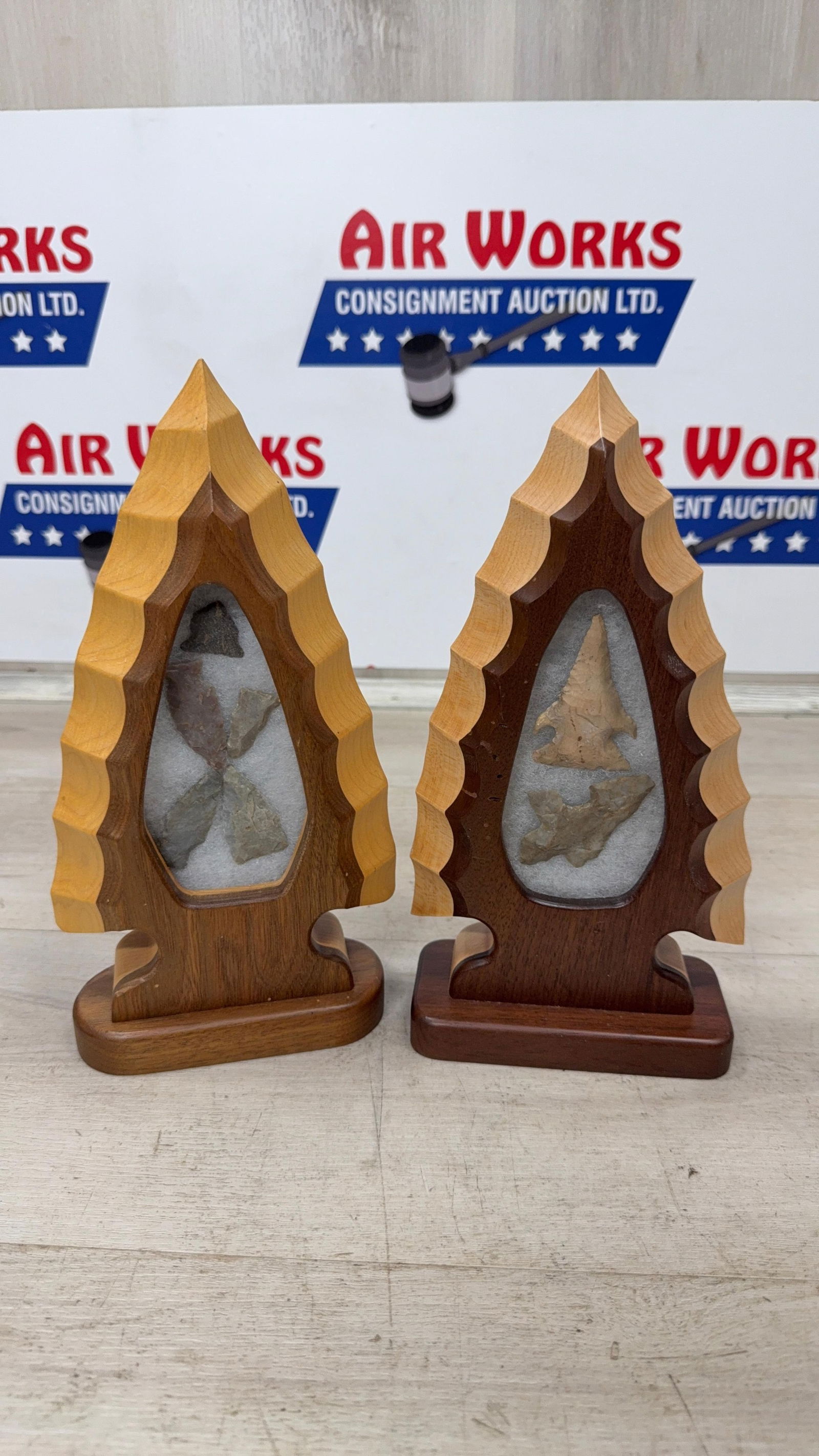 PAIR OF WOOD FRAMED DISPLAYS WITH NICE POINTS: Load-out Pick up for all online purchases for Antiques & collectibles is Monday, Tuesday, Wednesday, February 23rd, 24th, 25th At our shipper's location. We do offer shipping on all items