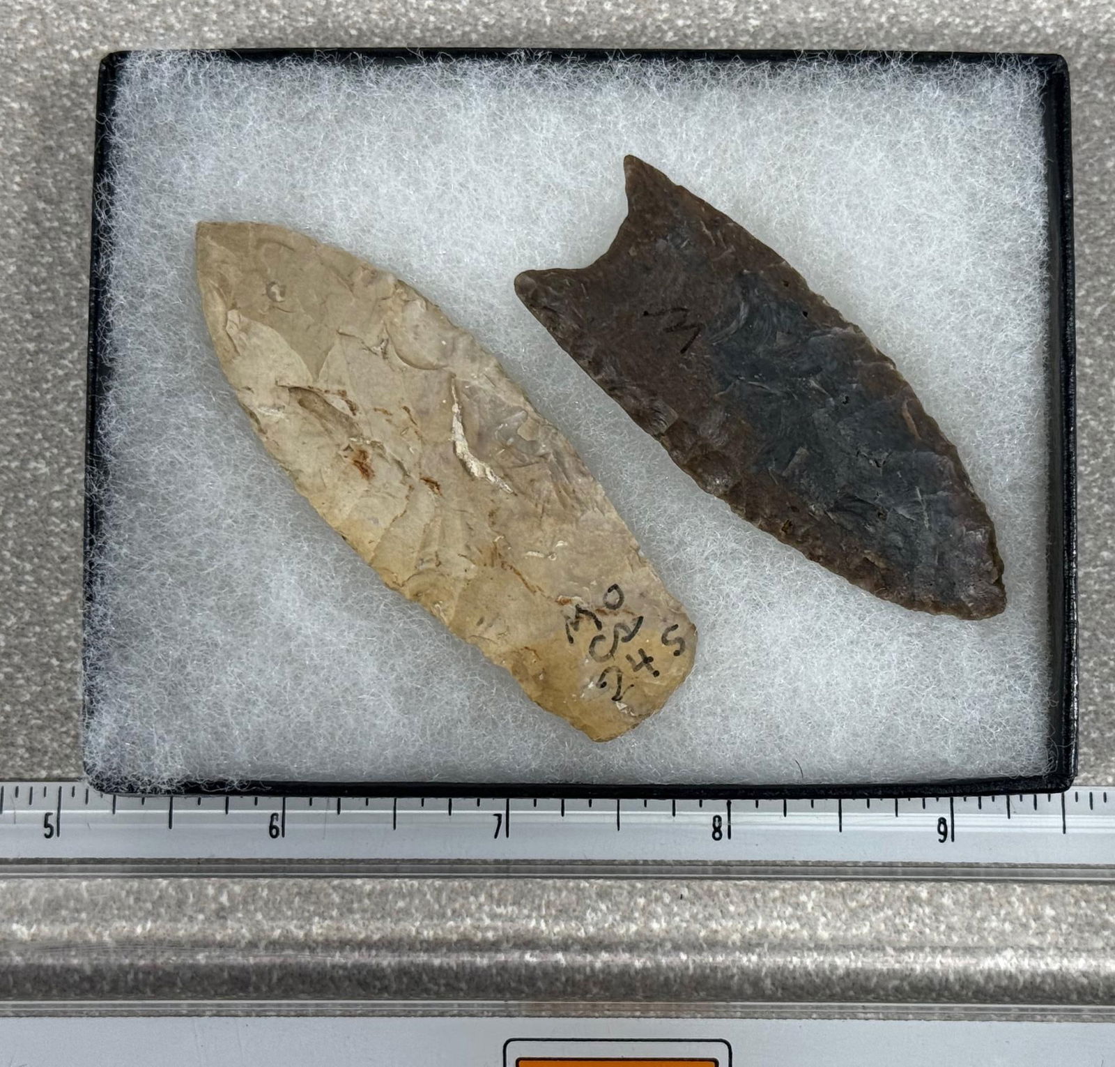 Paleo Lance and Fluted Point from MO. 2 in frame, largest 3" (1 of 2)