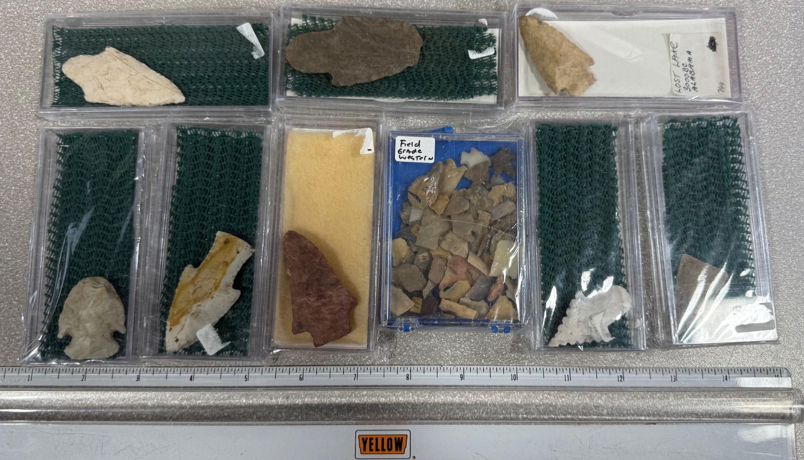 Arrowheads and Artifacts in small cases 9 total from various locations (1 of 5)