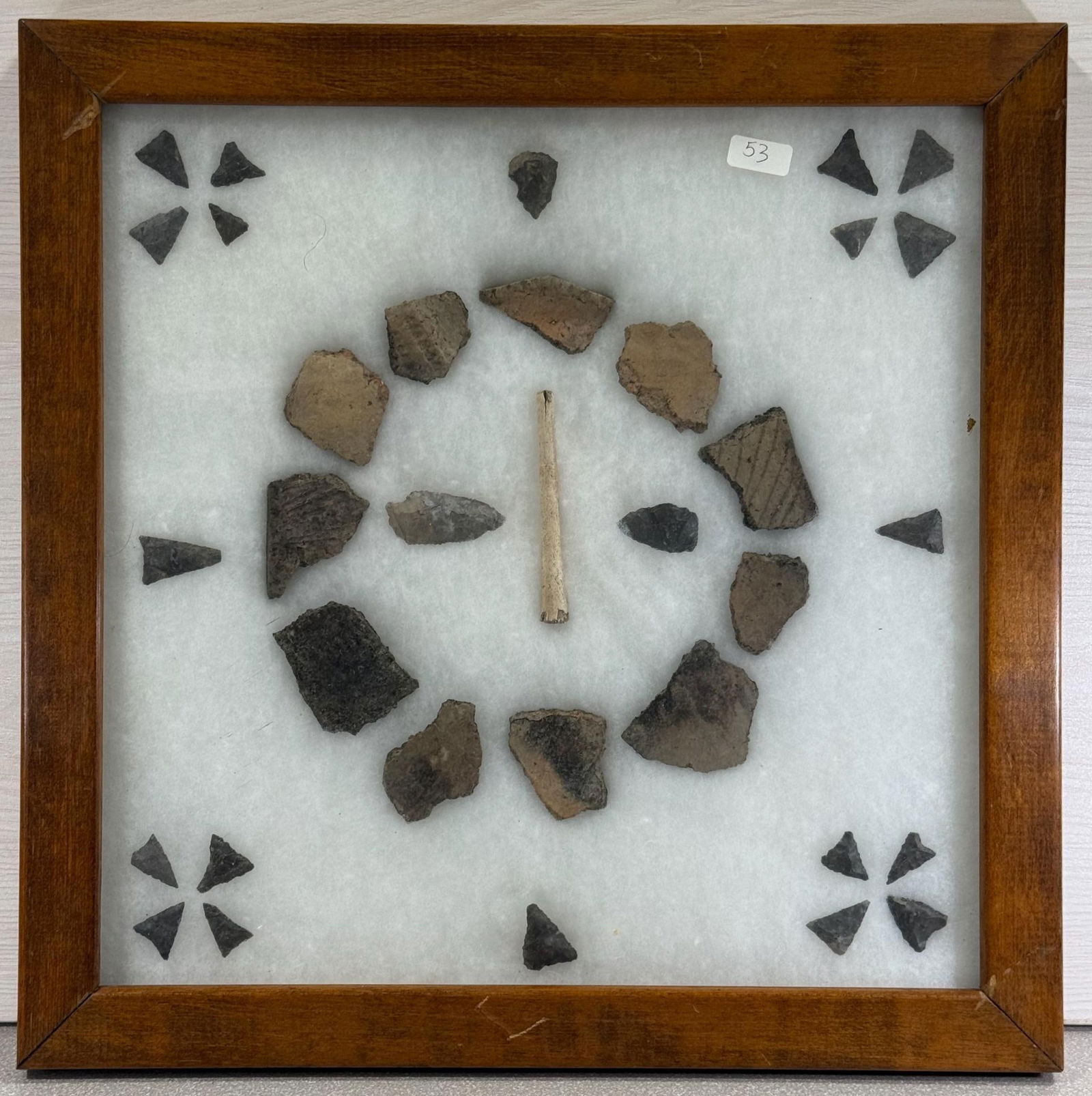 Ft. Ancient Artifacts in Frame w/ Pottery, bone and 20+ Triangular points So. Ohio - nice collection (1 of 6)