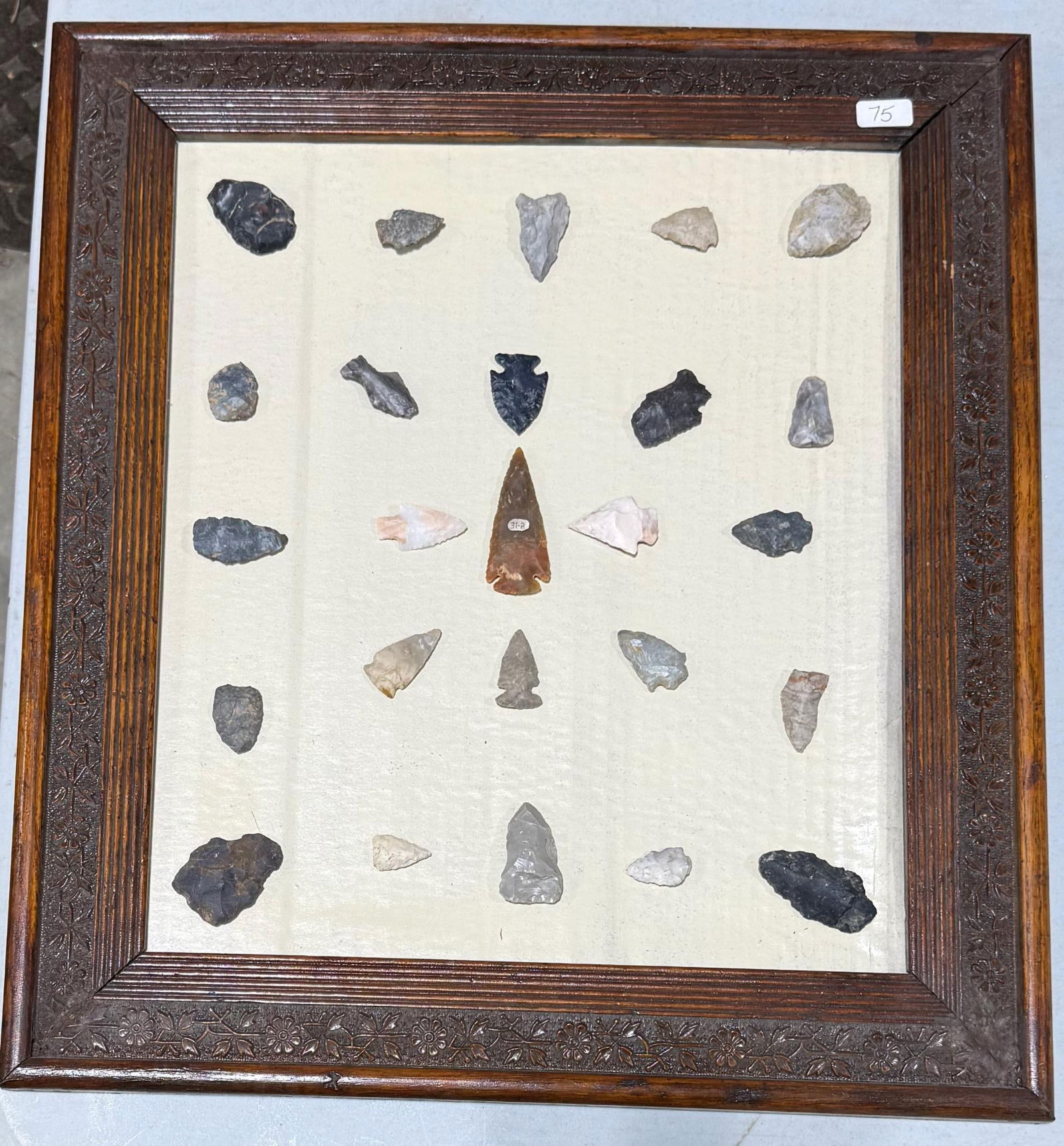 Antique Frame w/ 25 Arrowheads and Artifacts (1 of 5)