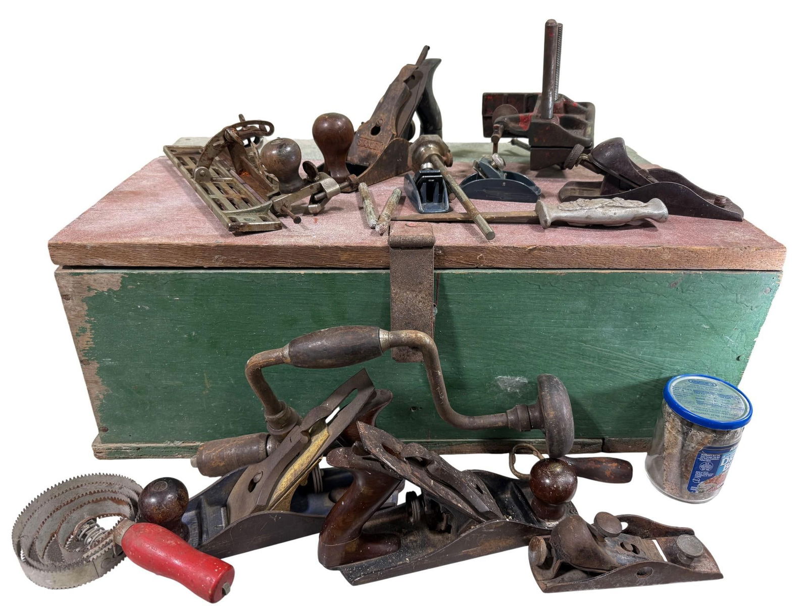 Vintage Wooden Toolbox w/ assorted Planes, brace, primitive tools and more, toolbox is 25" long (1 of 15)