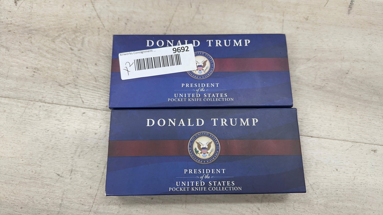 2- DONALD TRUMP COLLECTOR POCKET KNIVES: Load-out Pick up for all online purchases for Antiques & collectibles is Monday, Tuesday, Wednesday, February 23rd, 24th, 25th At our shipper's location. We do offer shipping on all items shippabl