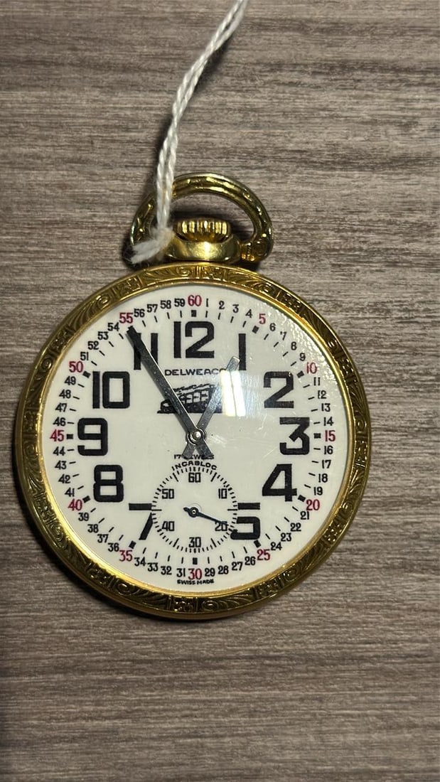 Delweaco Swiss Made Pocket Watch, 17 Jewels, Swiss: Delweaco Swiss Made Pocket Watch, featuring mechanical movement, 17 jewels, base metal case, white dial with black numerals, sub-second dial, marked "Lean & Jones" inside case, Serial Number IF 10