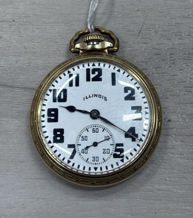 Illinois Bunn Special Pocket Watch, 21 Jewels, Serial No. 4998549: Illinois Bunn Special Pocket Watch, 21 Jewels, Motor Barrel, Gold-Plated Case, Openface, Arabic Numerals, Sub-second Dial, Double Roller, Lever Set, Adjusted to 6 Positions, Estimated 60-hour Power Re