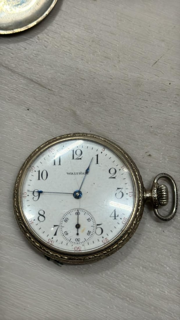 Waltham No. 620 Pocket Watch, 1908, 15 Jewels, Mechanical, Serial# 17408146: Waltham No. 620 Pocket Watch, 1908, 15 Jewels, Mechanical Movement, Nickel Inlay, Manual Wind, White Dial with Arabic Numerals, Hunting Configuration, serial number 17408146