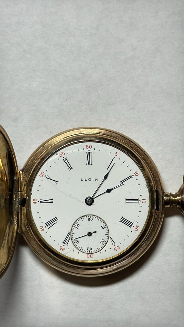 Elgin Grade 295 Pocket Watch, 1895, 15 Jewels, Serial 16049140: Elgin Grade 295 Pocket Watch, manufactured in 1912, 15 jewels, mechanical manual wind movement, gold-filled case, Roman numeral dial, subdial for seconds, engraved case, approximately 2 inches (50.8 m