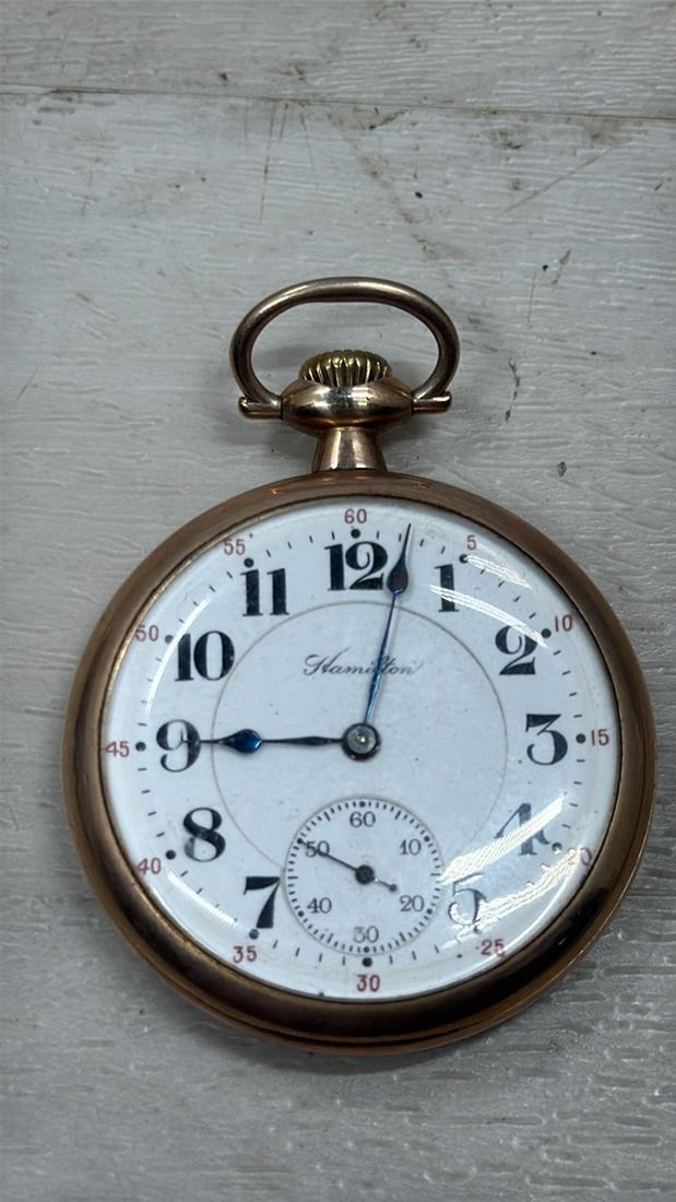 Hamilton Pocket Watch Grade 992, 21 Jewels, Gold-filled Case, Serial 1284766: Hamilton Pocket Watch Grade 992, 21 Jewels, Gold-filled (Wadsworth Pilot) case, Double-Sunk Dial, Adjusted to 5 positions, Stem Wind, Estimated Production Year: 1918, Serial Number: 1284766