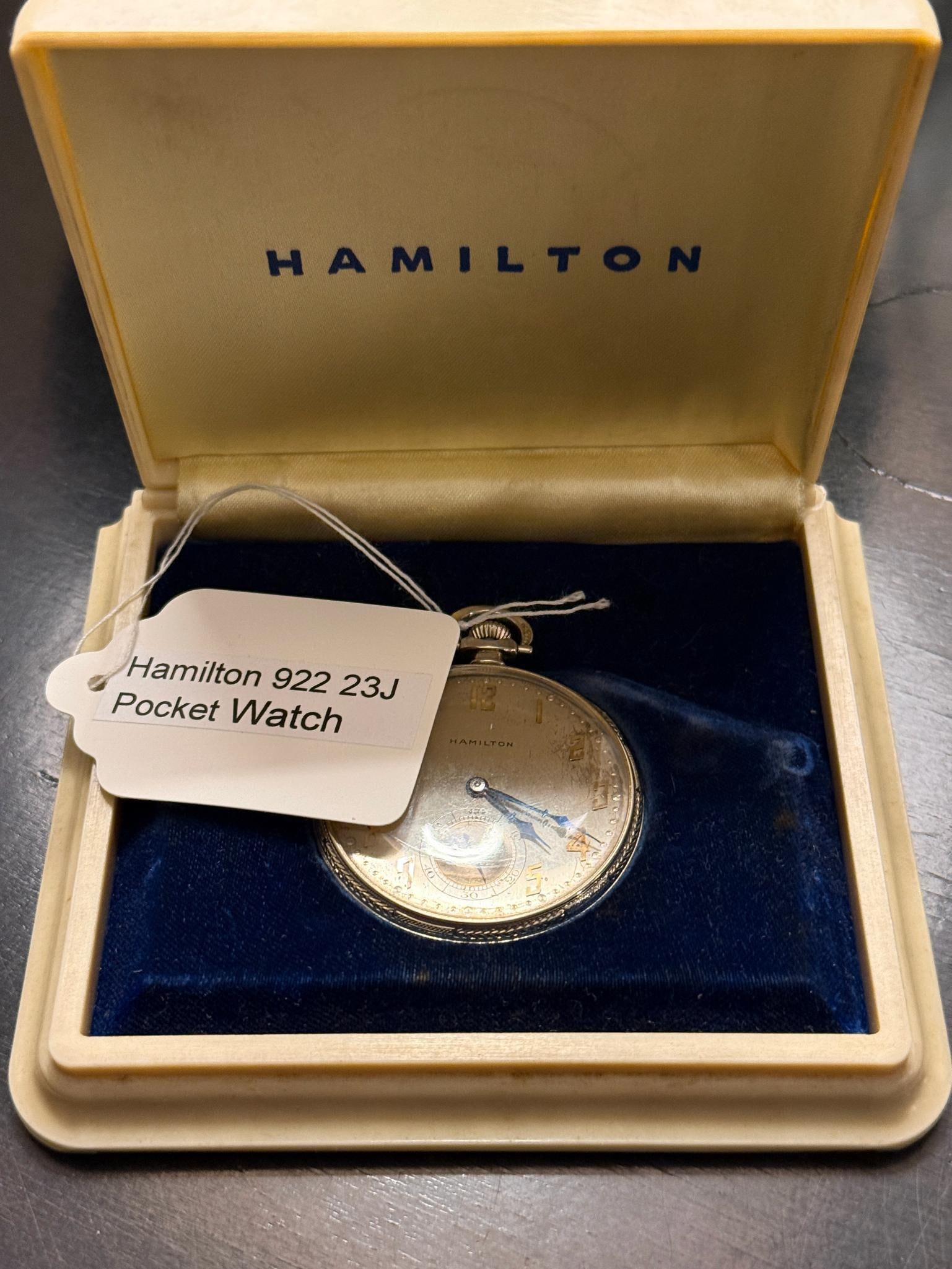 Hamilton 922 Pocket Watch, 23 Jewel, 12 Size, 1925, Gold Filled, Box, Serial #3001288: Hamilton 922 Pocket Watch, 23 Jewels, manufactured in 1925, features manual wind movement, 14K gold filled special case (case serial #689278), 12 size (44 mm diameter), open face, silver-tone dial wit