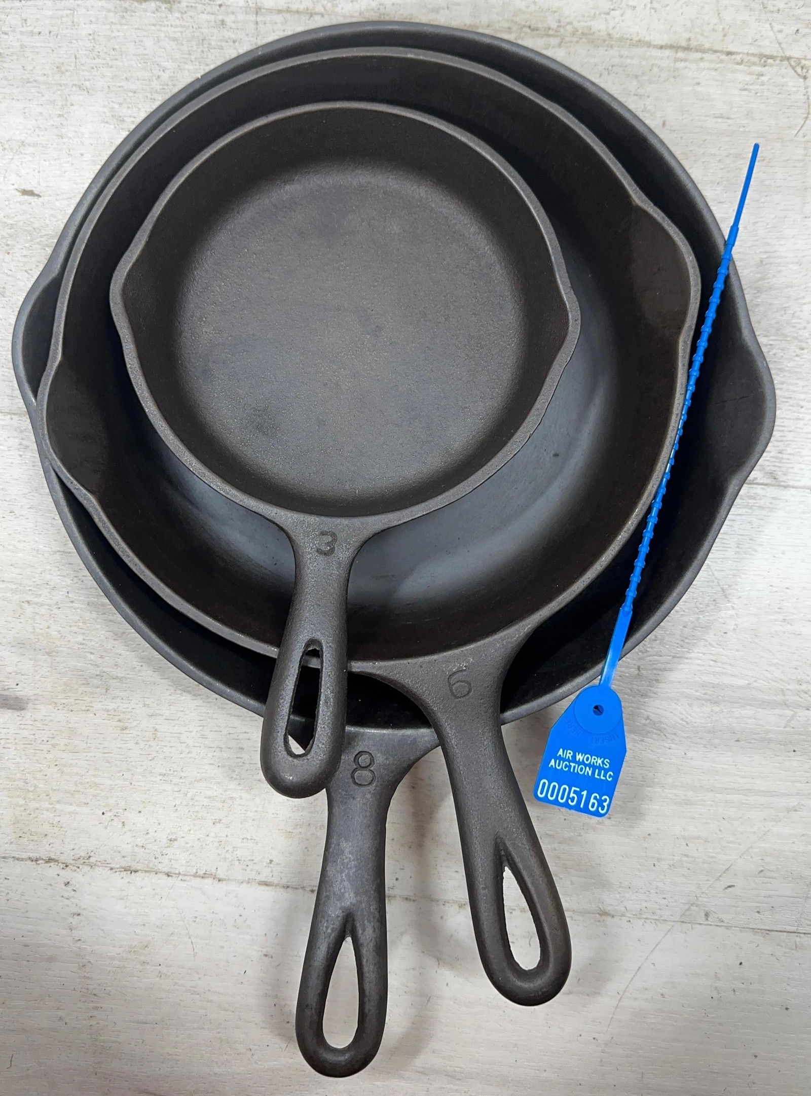 SET OF 3 WAGNER SKILLETS. #3, 6 AND 8: Load-out Pick up for all online purchases for Antiques & collectibles is Monday, Tuesday, Wednesday, February 23rd, 24th, 25th At our shipper's location. We do offer shipping on all items shippable wi